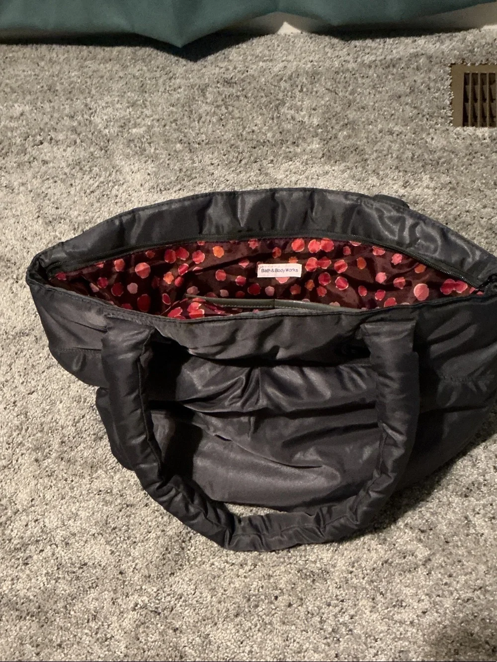 Bath & Body Works Black Quilted Tote with Red Polka Dot Lining
